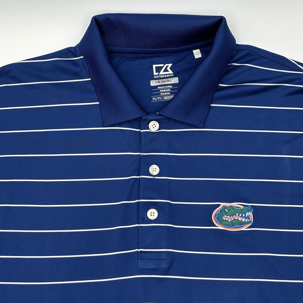 Cutter & Buck Florida Gators Polo Shirt XL Blue White Striped CB DryTec‎ Mens